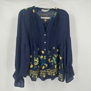 Womens Boho Embroidered Blouse Size L Floral Folk Art Romantic Peasant Festival